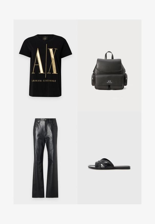 Camiseta de algodón negra con el destacado logo dorado "A/X" y el texto "ARMANI EXCHANGE", de manga corta, cuello redondo y textura suave.; Pantalones de cuero negro con una textura suave, diseño de pierna acampanada, cremallera frontal y pasadores para cinturón. Presentan sutiles detalles en la costura.; Chanclas negras de cuero lisas, con correas entrecruzadas y detalles troquelados, y una suela plana y flexible.; Mochila de cuero negro con cierre de solapa, bolsillo frontal, compartimentos laterales con cremallera y asa superior. Presenta un detalle de logo en la parte frontal.