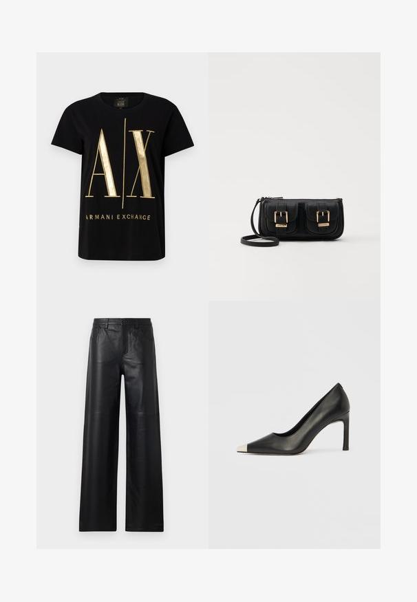 Črna bombažna majica s kratkimi rokavi, ki prikazuje izrazit zlat logo "A/X" in besedilo "ARMANI EXCHANGE", okroglo izreza, gladka tekstura.; Široke črne usnjene hlače gladke teksture, s sprednjimi žepi, gumbom za zapiranje in subtilnimi detajli šivanja.; Črni usnjeni čevelj z visokim petom, s koničastim prstom in kovinsko srebrno kapico. Ima gladko površino in vitko peto višine 10 cm.; Črna usnjena torbica čez ramo z dvema sprednjima žepoma, zlatimi zaponkami, zadrgo in ozkim pasom. Tekstura površine je strukturirana, obliko pa ima kompaktno pravokotno.