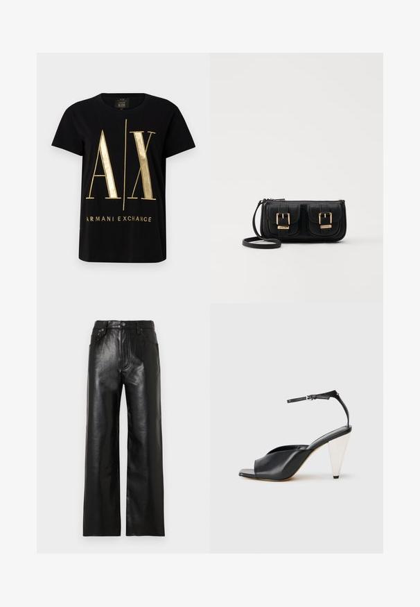 Sort bomulds T-shirt med iøjnefaldende guld "A/X" logo og "ARMANI EXCHANGE" tekst, korte ærmer, rund halsudskæring, glat tekstur.; Sorte brede bukser i læder med en glinsende finish, udstyret med forlommer, lynlås og knaplukning. Glat tekstur over det hele.; Sort læder højhælede sandaler med åben tå, asymmetrisk design, ankelrem og en metallisk kegleformet hæl. Glat tekstur hele vejen igennem.; Sort læder crossbody taske med to frontlommer, guldspænder, lynlåslukning og en slank rem. Struktureret overflade og kompakt rektangulær form.