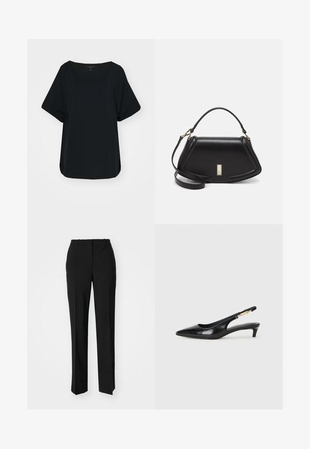 AllSaints LYDIA TEE - Basic T-shirt - black; Black tailored trousers with a straight-leg design, featuring a smooth texture and crisp creases along the front. No visible hardware.; Black leather slingback heels with a pointed toe, featuring a slim heel and a gold-tone accent on the adjustable strap. Smooth texture.; Black leather handbag with a structured design, featuring a cropped shape, top handle, and gold hardware accent. Adjustable shoulder strap included.