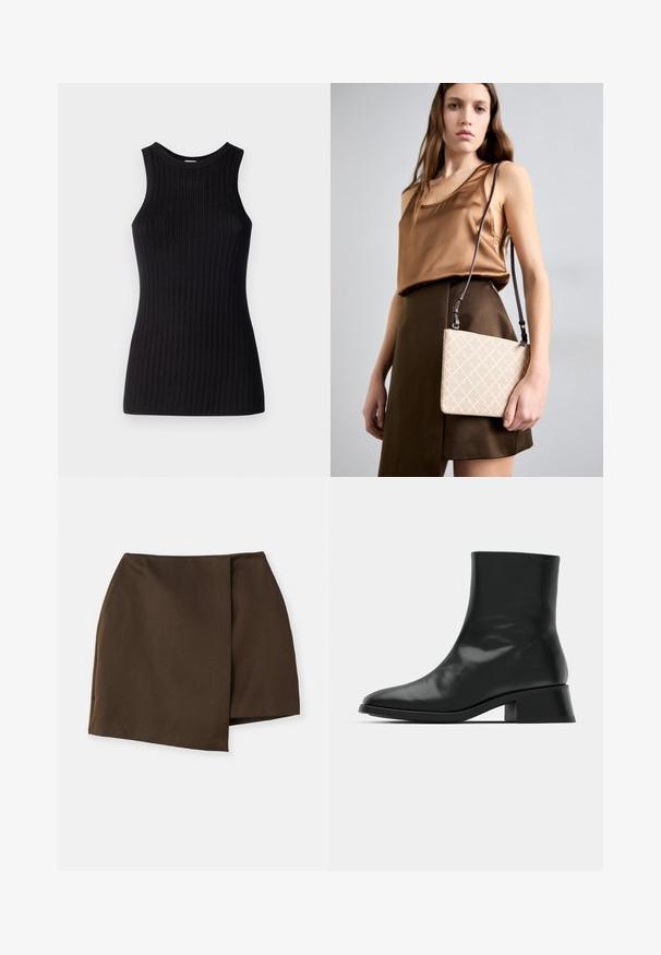 Crna majica bez rukava s rebrastom teksturom, okruglim izrezom, prilagođenim oblikom i glatkom završnom obradom. Lagana pletenina.; By Malene Birger RAYE - Suknja A kroja - dark mahogany; Crne gležnjače od sjajne kože, s elegantnim dizajnom, šiljatim vrhom i umjerenom blok petom za stabilnost.; Bež torbica za prečac s teksturiranom površinom, s dijamantnim uzorakom i dugim, podesivim remenom. Glatka završna obrada, pravokutni oblik.