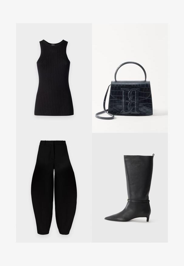 Top negro sin mangas con textura en relieve, cuello redondo, forma ajustada y un acabado suave. Tela de punto ligera.; Pantalones negros de pierna ancha con cintura alta, frente plisado y tobillos estrechos. Fabricados en un tejido suave con acabado mate.; Bota de cuero negro hasta la rodilla con punta afilada, acentuada por una correa circular alrededor del tobillo y un tacón bajo y afilado. Textura suave.; Bolso de mano de cuero negro con estampado de cocodrilo, diseño estructurado, asa superior, correa ajustable y un destacado detalle del logotipo en la parte frontal.