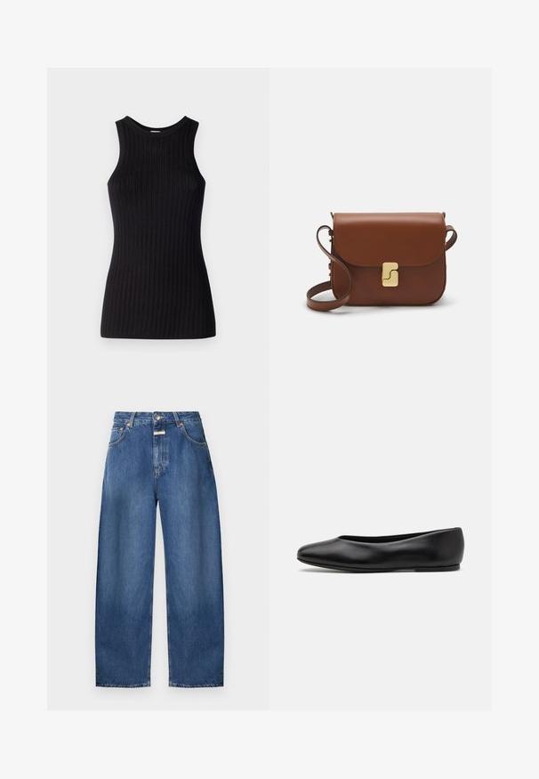 Sort ærmeløs top med ribbet tekstur, rund halsudskæring, tætsiddende pasform og en glat overflade. Letvægts strikstof.; CLOSED JAZZIE - Wide leg - mid blue denim; Paul Smith TOPANGA - Ballerinasko - black; Brun læder håndtaske med flaplukning, hardware i gyldent tone, en skulderrem og en glat overflade. Kompakt rektangulær form.