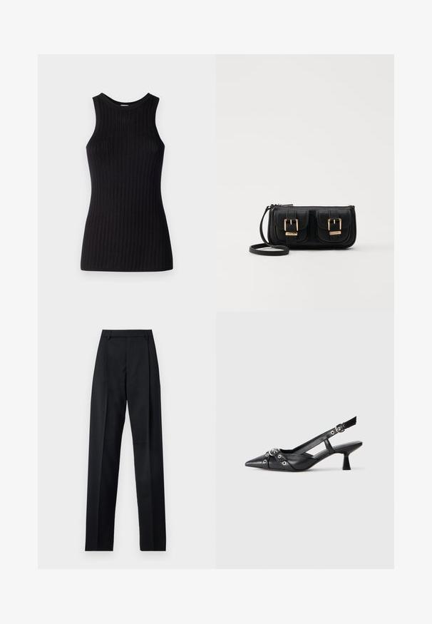 Schwarzes ärmelloses Oberteil mit gerippter Textur, rundem Ausschnitt, taillierter Form und glatter Oberfläche. Leichte Strickware.; Schwarze Hosen aus glattem Stoff mit hoher Taille, weitem Bein, vorderen Falten und klassischen Gürtelschlaufen. Keine sichtbaren Seitentaschen.; Schwarzer Leder-Slingback-Schuh mit spitz zulaufender Zehenpartie, dekorativen Riemen mit METALLÖSEN und niedrigem Blockabsatz. Strukturelle Oberfläche.; Schwarze Leder-Umhängetasche mit zwei vorderen Taschen, goldenen Schnallen, Reißverschluss und einem schmalen Tragegurt. Texturierte Oberfläche und kompakte rechteckige Form.