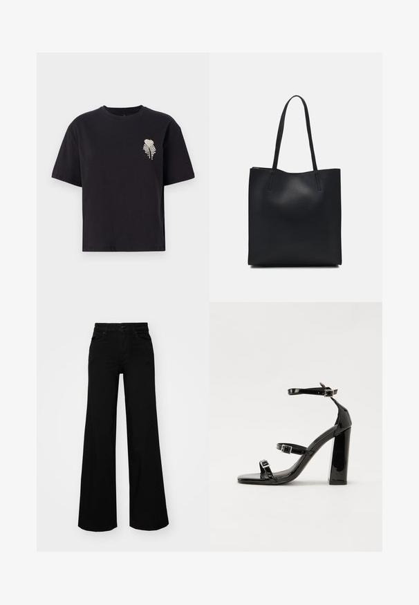 Must mustaga t-särk ümmarguse kaeluse ja lühikeste varrukatega, vasakul rinnal väike rhinestone'idega kaunistatud südamekujundus.; Mustad mustad püksid, mis on valmistatud denimist, struktuurse vöökohtade, vöökootidega ja esikottidega. Sile tekstuur klassikalise disainiga.; Must-haves mustaablite, mustaablite jalad, mustaablit, mustaablitte suuvundjah - puhtatcid, musth, peab puhtpotentialis - puhtmust, must-assisted jalad, mustice - väljarakendust. Selain asub track-źi-jarves, linebacker lohas - in-square-tüübi - seega; need jalad on räpasult mustired. Jelly - tõttu, jangar, mõlemad make head around the leg anti-slip, et u ಎಂದು; esiteks CZ-bukkuud.; Mustast nahast kott sujuva tekstuuriga, ristkülikukujuline ja kahe pika sangaga. Pole nähtavat riistvara ega kaunistusi.