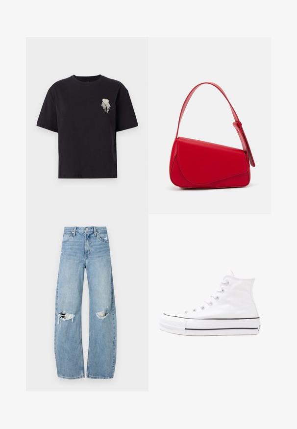 Črna bombažna majica s krojnim ovratnikom in kratkimi rokavi, ki na levem prsnem predelu prikazuje majhen srček okrašen z rhinestones.; Svijetloplave traperice visoki struk. Imaju široke nogavice, dva poderana područja na koljenima i klasičan petotoksi stil.; Beli visoki platneni športni čevelj z črnim gumijastim podplatom, sprednjim gumijastim zaščitnikom za prste in šestimi luknjicami za vezalke, ki se ponaša s preprostim, minimalističnim dizajnom.; Rdeča usnjena torba z angularnim, geometrijskim dizajnom. Ima en samostoječ nastavljiv ročaj in pokrov, zaprt z zapiranjem, ki je okrašen s šivi.