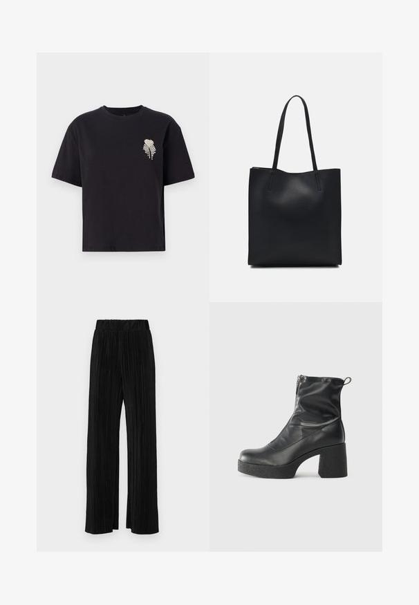 Črna bombažna majica s krojnim ovratnikom in kratkimi rokavi, ki na levem prsnem predelu prikazuje majhen srček okrašen z rhinestones.; Črne plisirane hlače z elastičnim pasom. Imajo široke noge in gladko, teksturirano tkanino z navpičnimi črtami.; Črne gležnjarje iz gladke kože z božnim zadrgo, masivnim teksturiranim peto in zaobljeno obliko prstov.; Črna usnjena torba s svilnato teksturo, pravokotne oblike in dvema dolgima ročajema. Brez vidnih metalnih delov ali okrasnih elementov.