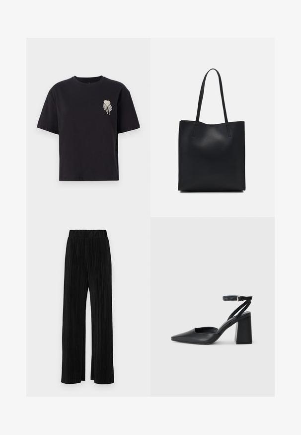 Melns kokvilnas T-krekls ar apaļu kaklu un īsām piedurknēm, ar mazu sirdies dizainu, kas izrotāts ar rhinestones, kreisajā krūšu daļā.; Melni plīšu bikses ar elastīgu jostu. Tām ir platākas kājas un gluda, teksturēta auduma ar vertikālām svītrām.; Melna ādas augstpapēžu kurpe ar norakstīto purngala formu, potītes siksniņu un masīlu papēdi. Gluda tekstūra, elegants dizains un minimālisma estētika.; Melnas ādas somiņa ar gludu tekstūru, taisnstūra formu un divām garām rokturiem. Nav redzamu aparatūras vai rotājumu.