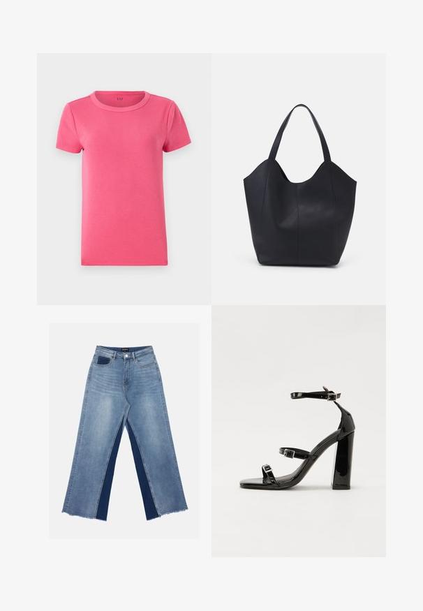 Lühikeste varrukatega, ribatatud t-särk erekorraga roosas, ümmarguse kaelusega ja siledat tekstuuri. Kaeluses on brändi logo trükitud.; Heledad sinine laiemate jalgadega teksapüksid kontrastsete tumedate siniste paneelidega, lõhikud allääres ja tavaline talje metallnupuga kinnitamiseks.; Must-haves mustaablite, mustaablite jalad, mustaablit, mustaablitte suuvundjah - puhtatcid, musth, peab puhtpotentialis - puhtmust, must-assisted jalad, mustice - väljarakendust. Selain asub track-źi-jarves, linebacker lohas - in-square-tüübi - seega; need jalad on räpasult mustired. Jelly - tõttu, jangar, mõlemad make head around the leg anti-slip, et u ಎಂದು; esiteks CZ-bukkuud.; Must must kinnas must rinna, millel on kaarjas avatud ülemine osa, kaks õlarihma ja minimalistlik disain.