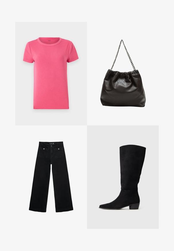 Lyhythiha, ribattu t-paita kirkkaan vaaleanpunaisena, jossa on pyöreä pääntie ja sileä pinta. Sisäpuolella on brändin logo.; Mustat leveälahkeiset farkut korkean vyötärön kanssa, joissa on kaksi etutaskua ja metalliset nappikoristeet. Kangas on sileä.; Mustat mokkaversionit polvipituisissa saappaissa, joissa on matala loiva korko ja terävä kärki, esitetty sivuprofiilista yksinkertaisella vaaleanharmaalla taustalla.; Ruskea nahkainen laukku, jossa on kerätty yläosa ja ketjuhihna. Tasainen pinta, jossa kiiltävä viimeistely ja hienovaraiset sauman yksityiskohdat sivuilla.