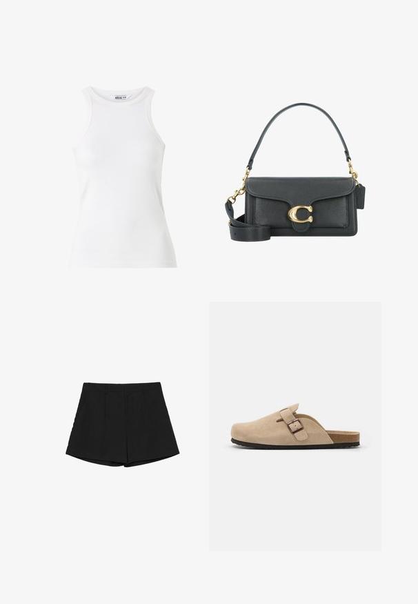 Débardeur blanc à côtes avec un col haut et sans manches. Texture douce, coupe ajustée et détails de couture minimaux.; Shorts noirs au design ajusté, dotés d'un devant plat, de deux poches latérales et d'un ourlet droit. Tissu lisse avec une finition soignée.; Sabot en suédine beige avec un bout arrondi, une sangle ajustable avec boucle et une semelle en caoutchouc texturée. Design minimaliste avec une semelle intermédiaire en liège.; Sac en cuir noir avec des accents en métal doré, doté d'un fermoir signature, d'une bandoulière amovible et d'une surface texturée.