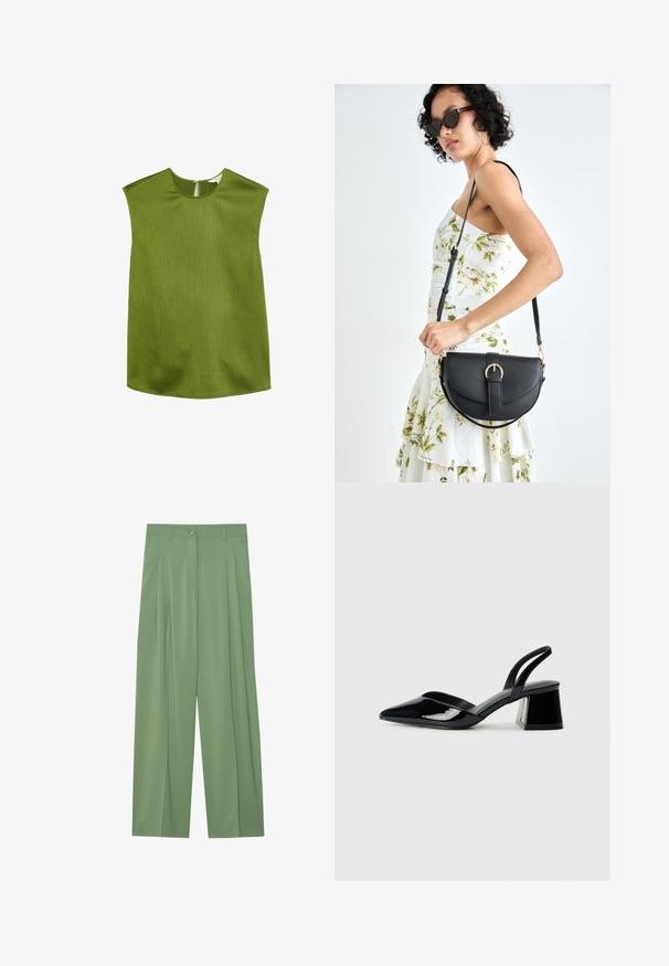 Grøn, ærmeløs top med rund halsudskæring og let strukturerede skuldre. Har et tekstureret stof og en diskret lynlås i ryggen.; Grønne brede bukser lavet af glat stof. Har folder foran, en enkelt knaplukning og bæltestropper.; Sorte patentlæder slingback hæle med spids tå og en geometrisk blok hæl. Har et elegant, minimalistisk design og en glat tekstur.; Sort læderhåndtaske med en buet form, aftagelig rem og guldfinish. Tasken har en klap med en spænde detalje.