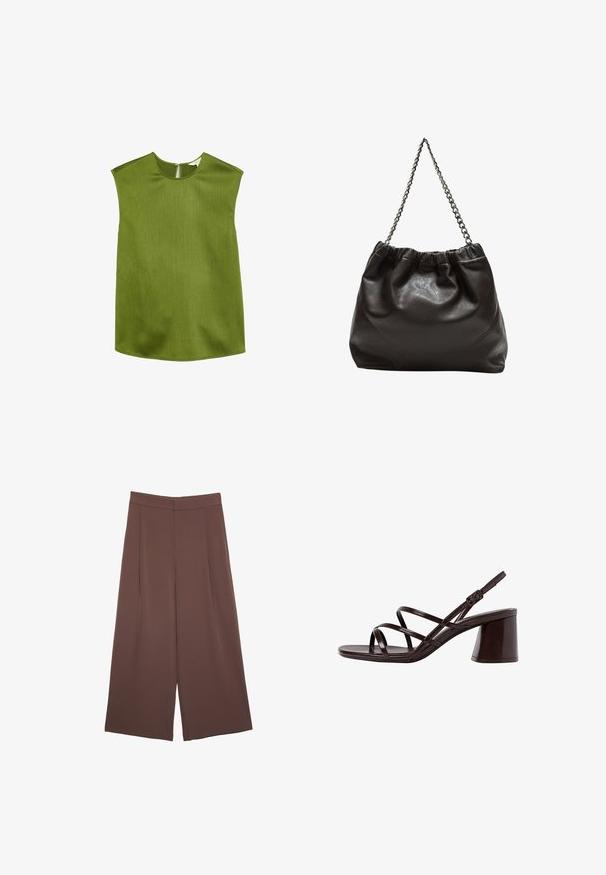 Grøn, ærmeløs top med rund halsudskæring og let strukturerede skuldre. Har et tekstureret stof og en diskret lynlås i ryggen.; Brune bredbunde bukser med en glat tekstur, der har høj talje og plisseringer foran. Stoffet er let og falder løst.; Brune strop sandal med høj hæl og kraftig hæl, der har en glat, blank finish og flere krydskrydsede stropper på overdelen.; Brun lædertaske med en rynket top og en kædestrop. Glat tekstur med en blank finish og subtile sømdetaljer på siderne.
