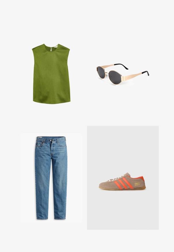 Grøn, ærmeløs top med rund halsudskæring og let strukturerede skuldre. Har et tekstureret stof og en diskret lynlås i ryggen.; Blå denimjeans med lige ben, der har lynlås i gylpen, to forlommer og subtil falming over stoffet.; Brune ruskinds sneakers med tre klare orange striber, snørebånd foran og gyldent "Gazelle" branding på siden. Flad gummi sål.; Guldtonede ovale solbriller med mørke linser, der har et slankt design, tynde arme og en sort detalje ved stedes. Modelnummer L37.; Hvid syntetisk håndtaske med en trekantet form, flad forsideklap og sløjfedetalje, justerbar strop, glat tekstur og minimalistisk design.