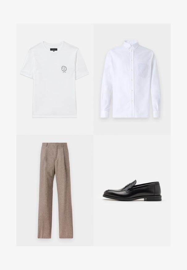 T-shirt bianca in cotone con scollo rotondo e maniche corte. Piccola grafica nera di una faccina sorridente con occhi a 'x' sul lato sinistro del petto.; Camicia bianca a maniche lunghe con bottoni, realizzata in cotone, caratterizzata da una tasca sul petto con ricamo tonale, colletto e polsini con bottoni.; Pantaloni marroni a vita alta realizzati in tessuto testurizzato. Presentano gambe ampie e due pieghe frontali per struttura. Rifinitura curata senza hardware visibile.; Mocassini neri in pelle con una texture liscia, punta arrotondata e una striscia decorativa sulla tomaia. Tacco basso impilato, design minimalista.