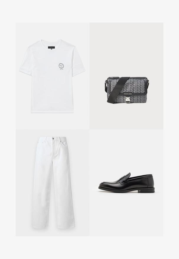 Balts kokvilnas T-krekls ar apaļu kakla izgriezumu un īsām piedurknēm. Uz kreisās krūtis ir mazs melns grafiskais smaidošā sejas attēls ar 'x' acīm.; rag & bone BAGGY - Plati džinsi - white; Melnas ādas kurpes ar gludu tekstūru, noapaļu purngalu un dekoratīvu siksniņu pāri priekšpusei. Zems sakrauts papēdis, minimālisma dizains.; Melnas un pelēkas rakstotas plecu soma ar ģeometrisku dizainu, ar rāvējslēdzēju un sudraba toņu aparatūras akcentu. Iekļauta regulējama siksna.