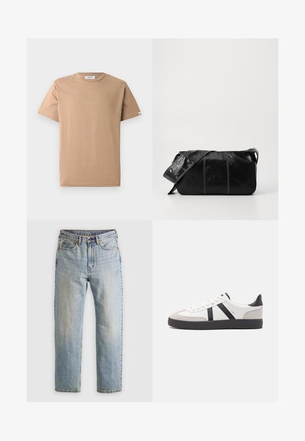 Tricou din bumbac bej cu guler rotund, mâneci scurte și un logo subtil în relief "REPLAY" pe față. Textură netedă, croială lejeră.; Jeans din denim de culoare albastru deschis, cu talie înaltă, nasture frontal, fermoar și design cu cinci buzunare, așezate platesc pe un fundal neutru.; Sneaker alb cu accente negre și gri, având un capac de vârf gri texturat, talpă din cauciuc negru și șireturi plate albe. Design elegant, stil minimalist.; Geantă de umăr din piele neagră cu închidere cu fermoar, având un corp texturat, cusături albe și o curea cu ochiuri argintii.