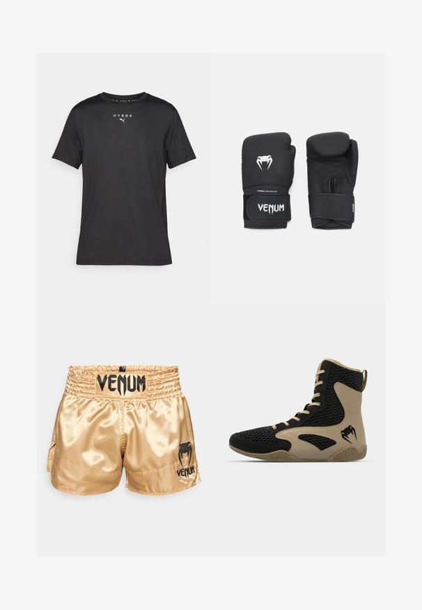 Tricou sportiv scurt cu maneci negre, fabricat dintr-un material ușor. Are guler rotund și logo-ul imprimat "HYROX" cu emblema Puma pe față.; Pantaloni scurți de box din satin auriu cu logo-ul negru "VENUM" pe talie și pe lateral, având o textură netedă și o talie elastică pentru confort.; Pantofă sport de tip high-top cu un exterior din plasă neagră și accente bej. Talpă din cauciuc texturat și detaliu logo pe lateral.; Mănuși de box negre cu o textură netedă, având un logo alb Venom și o curea ajustabilă cu velcro pentru o fixare sigură.