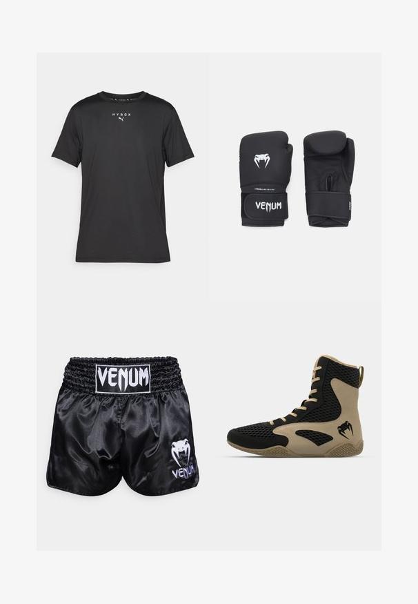 Tricou sportiv scurt cu maneci negre, fabricat dintr-un material ușor. Are guler rotund și logo-ul imprimat "HYROX" cu emblema Puma pe față.; Pantaloni scurți de box din satin negru, cu un tiv elastic; prezintă un logo alb și un design cu șarpe pe piciorul stâng. Textură netedă.; Pantofă sport de tip high-top cu un exterior din plasă neagră și accente bej. Talpă din cauciuc texturat și detaliu logo pe lateral.; Mănuși de box negre cu o textură netedă, având un logo alb Venom și o curea ajustabilă cu velcro pentru o fixare sigură.