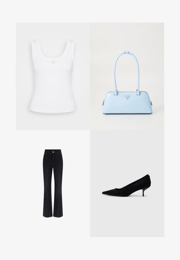Balts pieguļošs topiņš ar kvadrātveida izgriezumu un platām siksnām. Tam ir ribota tekstūra un mazs trīsstūra logotips centrā priekšā.; Melni džinsi ar izflarētiem pēdējiem, augstu jostasvietu, piecu kabatu dizainu un metāla pogu akcentiem sānos. Gluda tekstūra un klasika fit.; Melnas zamšādas augstpapēžu kurpes ar vienu punktētu purngalu un šauru, zemu papēdi. Gluda tekstūra ar elegantu dizainu, bez redzamiem aksesuāriem.; Gaiši zila rokassoma ar strukturētu formu, gludu ādas materiālu, divām rokturiem un triķsveida zīmola logo priekšpusē. Ar rāvējslēdzēja aizdari.