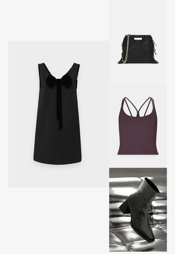 Débardeur violet foncé en tissu lisse avec de fines bretelles doubles et un col arrondi. Ourlet sans coutures au bas.; Une robe noire sans manches présente un décolleté rond, un accent en velours en forme de nœud à l'avant, et une silhouette droite avec une texture lisse.; Botte noire à la cheville en matériau brillant avec un bout carré et un talon effilé, sur un fond argenté brillant et capitonné.; Sac à main en cuir noir avec des détails en franges, chaîne dorée pour l'épaule et une poignée découpée. Présente le logo sur le devant.