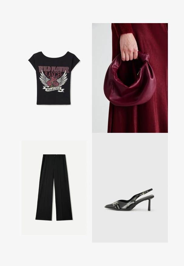 Zwarte katoenen T-shirt met korte mouwen. Kenmerkt zich door een grafische print van rozen, vleugels en de tekst "WILD FLOWER B.ANGEL FEARLESS" in opvallende kleuren.; Bershka WIDE - Broek - black; Zwarte gepolijste leren slingback schoenen met een puntige neus, enkelbandjes met zilveren gespen en hardware, en een slanke hak.; Bordeaux leren handtas met een zacht, gegathered ontwerp en een ronde vorm. De handgreep is stevig bevestigd en toont een gladde textuur.