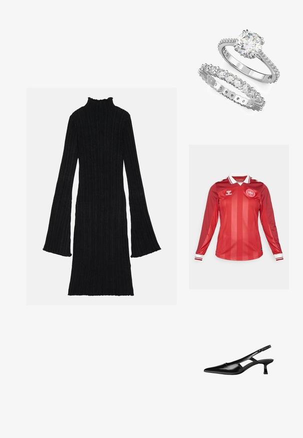 Červený fotbalový dres s dlouhým rukávem a vertikálními pruhy, bílým límcem a červeno-bílými pruhovanými manžetami. Na hrudi se nachází logo týmu.; Černé žebrované šaty s vysokým límcem a zvonovými rukávy. Tkanina má texturovaný, vertikální vzor. Lem je mírně vykrojený.; Černé lakované lodičky na podpatku se špičatou špičkou, výřezovým designem na boku a malým čtvercovým podpatkem. Hladká textura s minimálními akcenty.; Zásnubní prsten z bílého zlata s kulatým středovým kamenem a doprovodným prstenem s vícero menšími kameny.