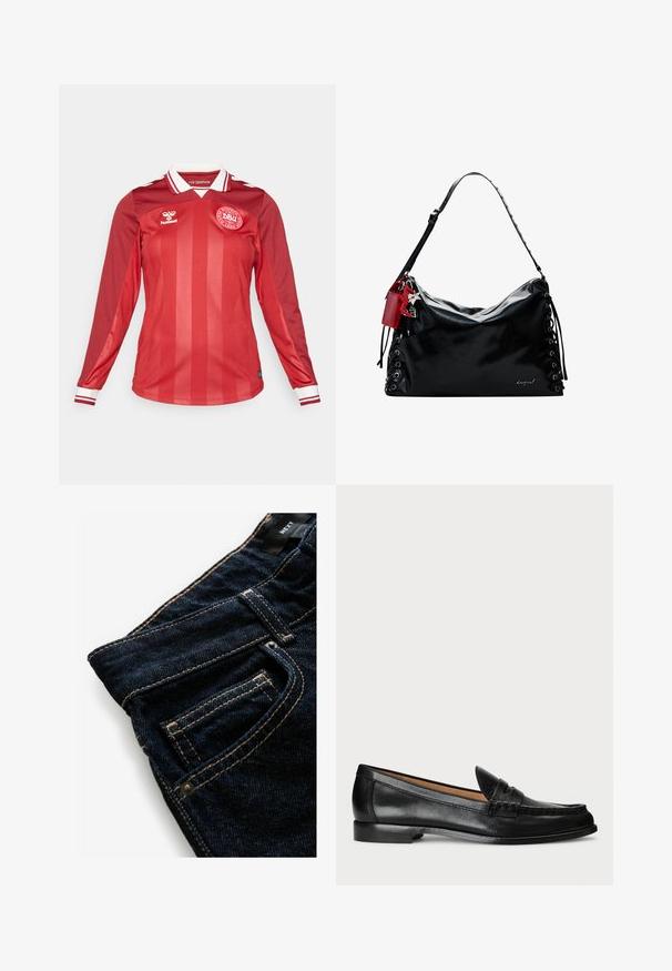 Pikkade varrukatega punane jalgpallisärk, millel on vertikaalsed triibud, valge krae ja punase-valge triibuga mansetid. Esiküljel on meeskonna logo.; Tumedad sinised teksapüksid kontrastsete oranžide õmblustega, millel on eesmine tasku, nupukujundus ja sile tekstuur.; Lauren Ralph Lauren WYNNIE - Jalga libistatavad jalanõud - black; Must mustraheh, millel on lõtv disain, külgedelt nööridega detailid ja punane aktsent silt. Omab pikka reguleeritavat rihma.