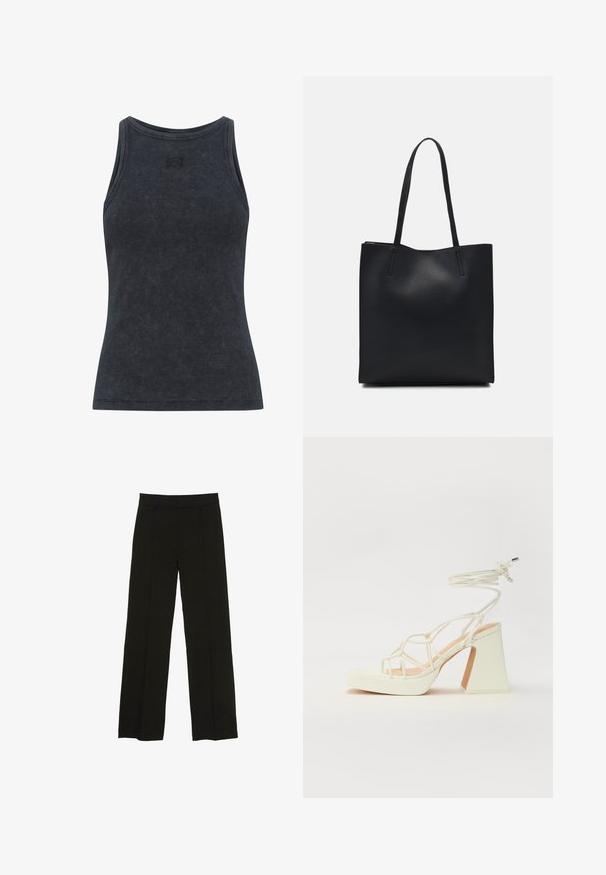 Sötét szürke bordázott ujjatlan felső, kerek nyakkivágással és karcsú fazonnal. Finom logó részlet található a mellrészen. Puha, texturált anyag.; Fekete, bő szárú nadrág sima anyagból, melynek kényelmes derékrésze és diszkrét elülső redők adnak extra textúrát.; Fehér, magassarkú szandál vastag sarokkal, pántos dizájnnal és bokapánttal. Sima textúra, elülső platformmal a megnövelt magasság érdekében.; Fekete bőrtáska sima felszínnel, téglalap alakú, két hosszú füllel. Nincs látható fémkiegészítő vagy díszítés.