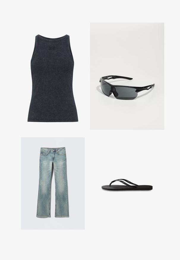 Mørkegrå, ribbestrikket tanktop med rund hals og en tettsittende fasong. Har en subtil logo detalj på brystet. Myk, teksturert stoff.; Lys blå denimjeans med lett falming, fem lommer, glidelås, og rette ben på hvit bakgrunn.; Svart flip-flop med teksturert gummisåle, to slanke stropper og en subtil, preget logo på stroppen.; Sorte sports solbriller med buede linser, lett plastramme og teksturerte stenger. Strømlinjeformet design med integrert nesepuss.; Svart vevd skinnveske med en slapp design, som har et knyttet stropp og en liten dekorativ gullnagle på toppen.