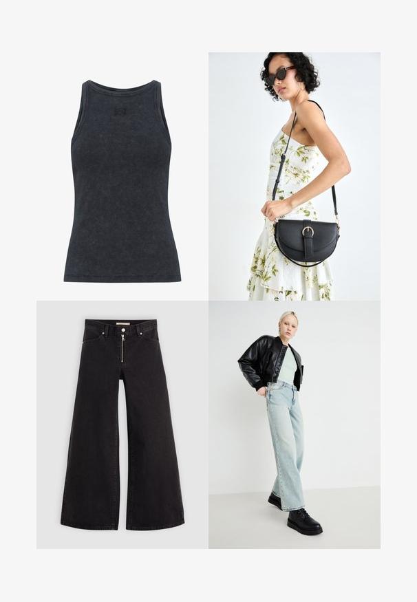 Tumehall ribakudumisega sammastop, ümmarguse kaelusega ja sobiva disainiga. Esipaneelil on peen logodetail. Pehme, tekstuuriga kangas.; Laiad teksad mustast denimist, millel on lukuga eesmine osa, viie taskuga disain ja peened õmblusdetailid. Sile tekstuur ja juhuslik stiil.; Mustast nahast pommijakk, piparmündiroheline särk, helesinised laiad teksad ja mustad nööbitavad kingad, minimaalses taustas.; Mustmust mustraha kõverate joontega, eemaldatava rihmaga ja kuldsete detailidega. Kotil on klapp, millel on pandladetail.