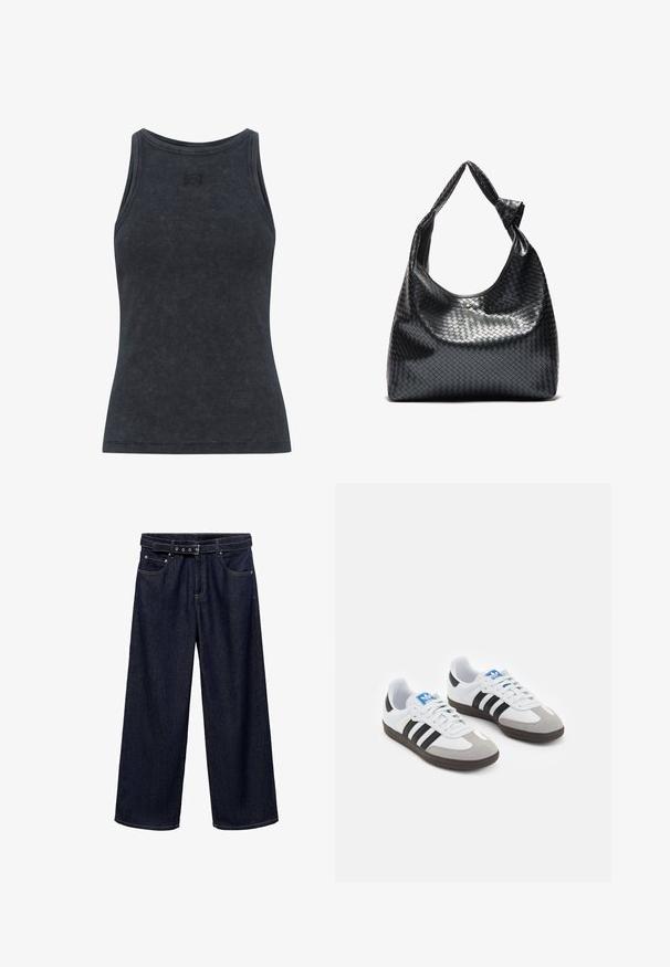 Canotta a coste grigia scura con scollo rotondo e design aderente. Presenta un sottile dettaglio del logo sul petto. Tessuto morbido e testurizzato.; Jeans a gamba larga di colore blu scuro realizzati in denim. Presentano una cintura con cintura e più bottoni, tasche frontali e un orlo pulito.; Scarpe sportive con tomaia in pelle bianca, punta in suede grigia e tre strisce nere. Presentano un logo blu sulla linguetta e una suola in gomma testurizzata.; Borsa a mano in pelle intrecciata nera con un design morbido, dotata di una tracolla annodata e di un piccolo chiodo decorativo in oro nella parte superiore.
