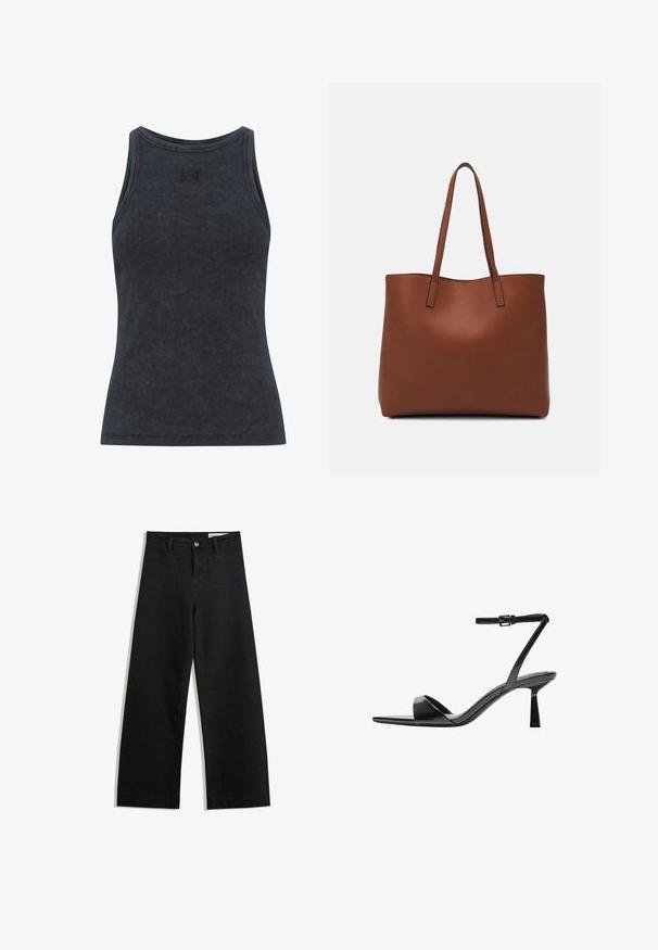 Ciemnoszary, prążkowany top na ramiączkach z okrągłym dekoltem i dopasowanym krojem. Posiada subtelny detal logo na piersi. Miękka, teksturowana tkanina.; Czarne dżinsowe spodnie o szerokich nogawkach i wysokim stanie, z przednimi i tylnymi kieszeniami, przeszyciami oraz zapięciem na guziki. Gładka struktura.; Bershka - Sandały na obcasie; Brązowa skórzana torba tote o gładkiej fakturze, z otwartym wierzchem i dwoma ramiączkami. Charakteryzuje się minimalnym przeszyciem i brakiem widocznych elementów metalowych.