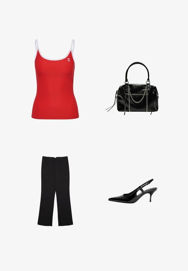 Röd tanktopp med vita remmar, med en åtsittande design och logotypdetalj på vänster bröst. Slät textur, sportig stil.; Svarta byxor med rak passform, utrustade med framfickor och sidoklyvningar vid fållen. Tillverkade av mjukt, slätt tyg. Lämpliga för olika tillfällen.; Svart lackläder slingback-pump med spetsig tå, öppna sidoutskärningar, smal klack och justerbart ankelsnöre.; Bershka WITH CHAIN - Handväska - black