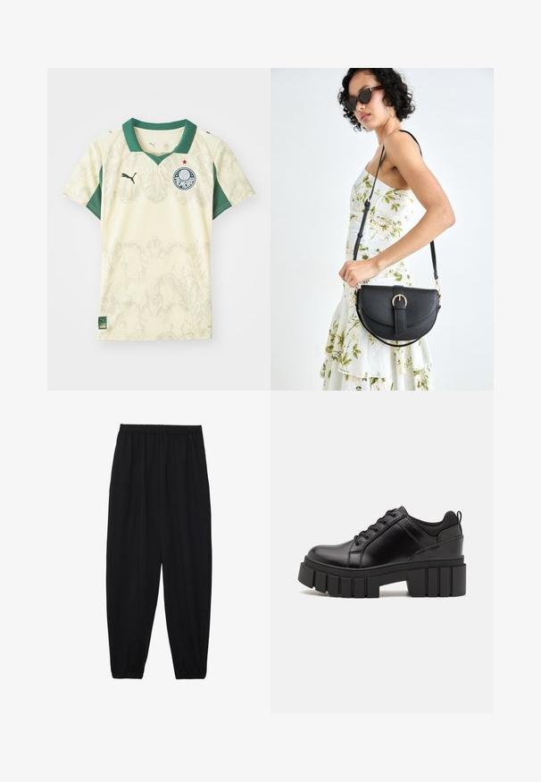 Lys gul sportsdrakt med grønn krage og ermer, subtil mønstertekstur, med lagets logo og en rød stjerne, laget av pustende stoff.; Svarte, lette bukser med elastisk liv og rynkede ankler. Stoffet er glatt og har en avslappet, innsvingt design.; Svarte lærplattformsko med kraftig blokkhell, rund tå og tradisjonell snøring. Har en jevn tekstur og minimal detaljering.; Svart lærveske med en buet form, avtagbar stropp og gullbeslag. Vesken har et klaff med spenne-detall.