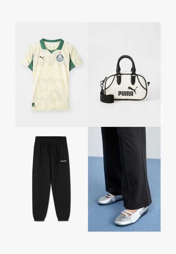 Gaiši dzeltena sporta krekls ar zaļu apkakli un piedurknēm, ar smalku raksta tekstūru, kurā ir komandas logo un sarkans zvaigzne, izgatavots no elpojoša auduma.; Melnas sporta bikses no mīksta auduma, ar savelkamu jostu, sašaurinātām kājām un sānu kabatām. Priekšpusē balts "PEGADOR" logo.; Sudraba un baltas plakano apavu ar krusteniskām siksnām un teksturētu apdari, kas papildināti ar brīvām melnām biksēm. Fons ir zils grīdas segums.; Baltas rokassomu ar melniem akcentiem, kurā ir Puma logo. Īsi, apaļi rokturi un noņemama siksna, izgatavota no teksturēta sintētiska materiāla.