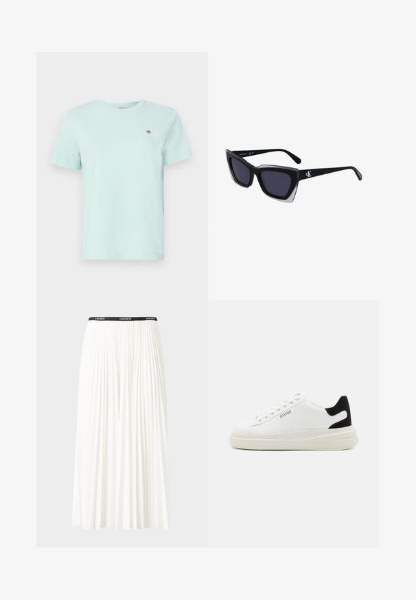 Svetlo mint zelena bombažna majica s kratkimi rokavi in okroglim izrezom, z majhnim logotipom na levi prsni strani. Mehka tekstura in preprost dizajn.; Gubasta bela krila z črnim elastičnim pasom, ki nosi logotip "LACOSTE". Srednje dolga zasnova z mehkobo tkanine.; Bele usnjene športne copate z debelim belim podplatom, črnimi semišnimi detajli na peti in utisnjenim logotipom na strani. Zavezovanje s šestimi luknjicami.; Črne prevelike sončne očala geometrijske oblike, z temnimi lečami in kontrastno sivo podrobnostjo na okvirju. Logo na ročaju.