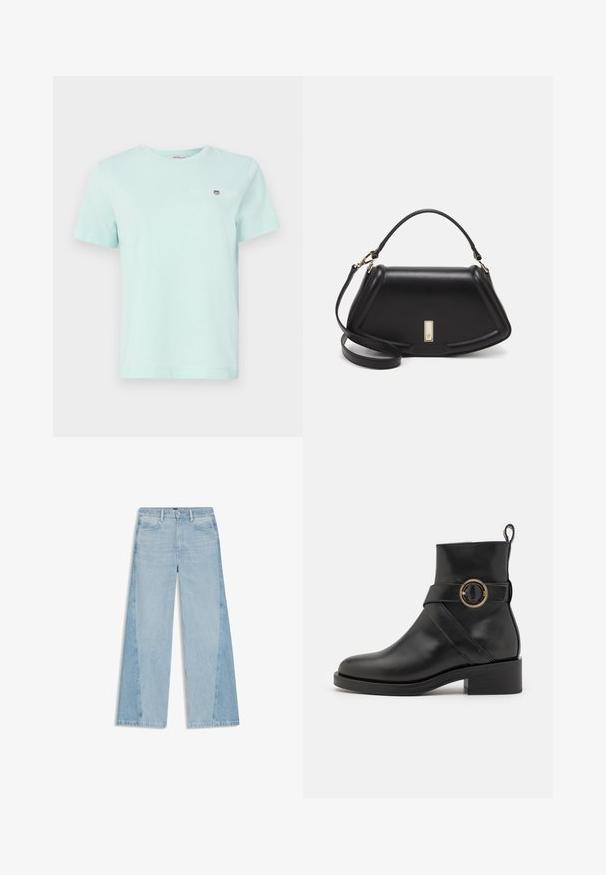 Vihreä mintunvärinen puuvillapaita, jossa on pyöreä kaula-aukko, lyhyet hihat ja pieni logo vasemmassa rinnassa. Pehmeä rakenne ja yksinkertainen muotoilu.; Vaaleansiniset leveälahkeiset farkut, joissa on kaksivärinen muotoilu, hieman haalistunut pinta ja raaka helma lahkeissa.; BOSS IRYNA BOOTIE - Platform-nilkkurit - black; Mustalla nahkalaukulla, jossa on jämäkkä muotoilu, lyhyt malli, yläkahva ja kultaiset yksityiskohdat. Säädettävä olkahihna sisältyy.