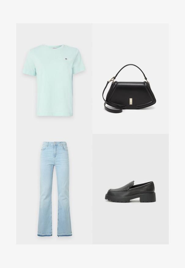Svetlo mätová bavlnená tričko s okrúhlym výstrihom, krátkym rukávom a malým logom na ľavej hrudi. Mäkká textúra a jednoduchý dizajn.; Svetlomodré rozšírené džínsy z denimovej látky, s vysokým pásom, prednými vreckami a surovým lemom na manžetách pre ležérny vzhľad.; Čierne kožené mokasíny s okrúhlou špičkou, hrubou textúrovanou podrážkou a minimom stehovej výzdoby. Štíhly dizajn bez viditeľných šnúr alebo kovania.; Čierna kožená kabelka so štruktúrovaným dizajnom, s krátkym tvarom, hornou rúčkou a zlatými prvkami. Súčasťou je nastaviteľný ramenný popruh.