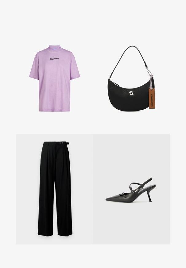 Fioletowa koszulka z krótkim rękawem i wysokim kołnierzem, z czarnym logo "KARL LAGERFELD JEANS" z przodu. Miękka, gładka faktura.; Czarne spodnie szerokie w nogawkach z wysokim stanem, z plisami z przodu oraz paskiem z klamrą. Wykonane z gładkiego, lekkiego materiału.; Czarne skórzane sandały na obcasie typu slingback z wydłużonym noskiem, smukłym obcasem i ozdobnym zapięciem na cholewce. Gładka tekstura i elegancka forma.; Czarna skórzana torba o fakturze powierzchniziwczyni, o zaokrąglonym kształcie, zamykana na zamek błyskawiczny na górze, z metalowymi elementami w kolorze srebrnym i brązową metką. Posiada akcent logo.