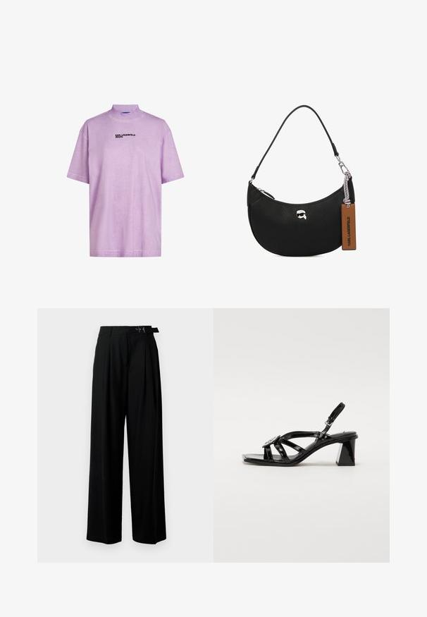 Lāzeru īsām piedurknēm T-krekls ar augstu apkakli, uz kura priekšpuses ir melns "KARL LAGERFELD JEANS" logs. Mīksta, gluda tekstūra.; Melni plaši bikses ar augsto jostasvītru, priekšā ar krokojiem un jostu ar sprādzi. Izgatavotas no gludas, vieglas auduma.; Melnas lakotas ādas augstpapēžu sandales ar atvērtu purngali, platām siksnām, regulējamu sprādzi un ģeometrisku bloku papēdi.; Melnas ādas rokassomu ar akmens struktūru, izliekta forma, augšējā rāvējslēdzēja aizvēršana, sudraba detaļas un brūns birkas. Iespējas logotipa akcentam.