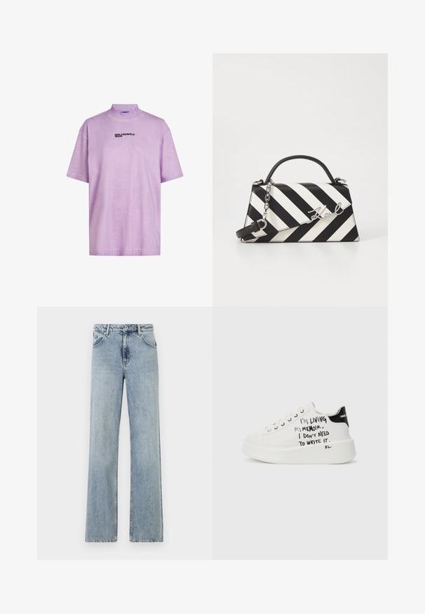 Lilla lühikese varrukaga T-särgi kõrge kaelusega, mille esiküljel on must "KARL LAGERFELD JEANS" logo. Pehme, sile tekstuur.; Heledad sinine, lai jalgadega teksapüksid, valmistatud denimist. Omab nööbi ja lukuga sulgemist, eesmissid ja kerget pleekimist. Puhtad servad.; Valged platvorminike mustade aktsentidega, tekstureeritud tallaga ja käsitsi kirjutatud tekstiga külgedel. Sujuv nahk.; Mustriga musta ja valgega käekott, millel on struktureeritud kuju, pehme käepide, eemaldatav ahelriba ja metallist logo aktsent.