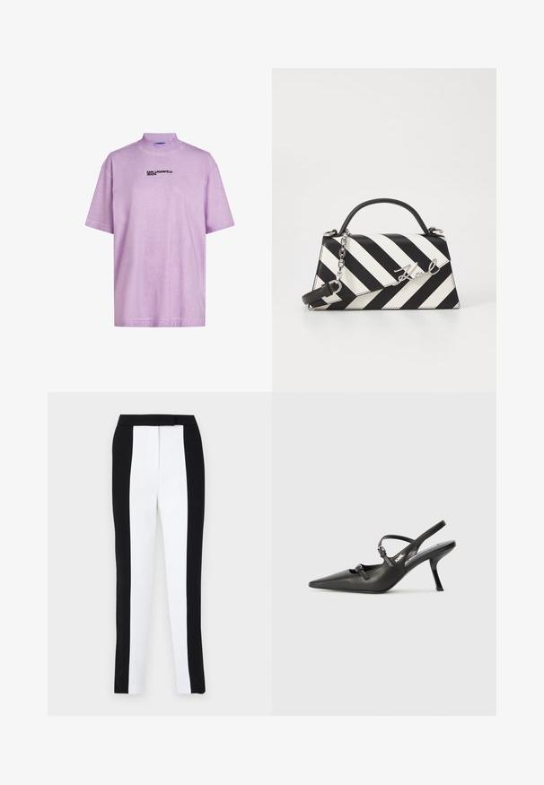 Lilla kortermet T-skjorte med høy krage, med en svart "KARL LAGERFELD JEANS" logo på forsiden. Myk, glatt tekstur.; Svart-hvite tapered bukser med smal passform og kontrasterende paneler. Stoffet har en glatt tekstur; midjebåndet er flatt og tettsittende.; Sorte skinn slingback-hæler med spiss tå, slank hæl og dekorativ spenne detalj på vampsiden. Glatt tekstur og stilrent design.; Svart- og hvitstripet håndveske med en strukturert form, som har et topphåndtak, en avtakbar kjedestropp, og metallisk logo-akcent.