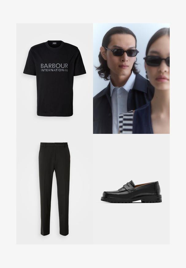 Black cotton t-shirt featuring white rhinestone lettering "BARBOUR INTERNATIONAL" on the front. Short sleeves and round neck design.; Black trousers made of smooth fabric, featuring straight legs, a button closure, and a classic design suitable for formal or casual wear.; Black leather loafers feature a raised seam, two decorative straps on the upper, and a thick textured sole for added grip.; Black sunglasses with angular frames worn by a man and woman. The man has a blue and white striped shirt under a dark jacket; the woman wears a dark, patterned top.