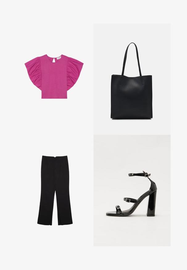 Fuksija majica z kratkimi, naborkastimi rokavi, okroglim ovratnikom in odprtino v obliki ključa na hrbtu. Narejena iz mehke, lahke tkanine.; Črne hlače ravnega kroja z naglavnimi žepi in stranskimi razporki na robu. Narejene iz mehke, gladke tkanine. Primerne za različne priložnosti.; Črne lakirane sandale s peto, kvadratnim prstom, trakovi okrog gležnja in srebrnimi zaponkami. Opremljene so s stabilno Debelo peto.; Črna usnjena torba s svilnato teksturo, pravokotne oblike in dvema dolgima ročajema. Brez vidnih metalnih delov ali okrasnih elementov.