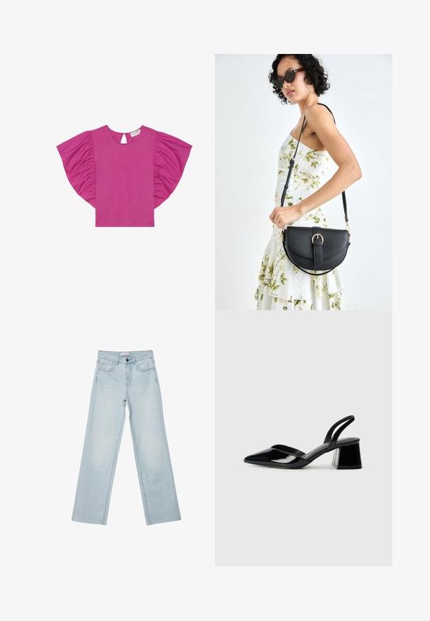 Fuksjowa bluzka z krótkimi, falbannikowymi rękawami, okrągłym dekoltem i otworem w kształcie łezki z tyłu. Wykonana z miękkiego, lekkiego materiału.; Jasnoniebieskie dżinsy o szerokich nogawkach wykonane z denimu. Posiadają pięć kieszeni, zapięcie na guzik i przecierane detale. Klasyczny prosty krój z luźnym dopasowaniem.; Czarne lakierowane półbuty na obcasie z wydłużonym noskiem i geometrycznym słupkiem. Charakteryzują się eleganckim, minimalistycznym designem oraz gładką fakturą.; Czarna skórzana torebka o zakrzywionym kształcie, z odpinanym paskiem i złotymi akcentami. Torebka posiada klapę z zapięciem w kształcie klamry.