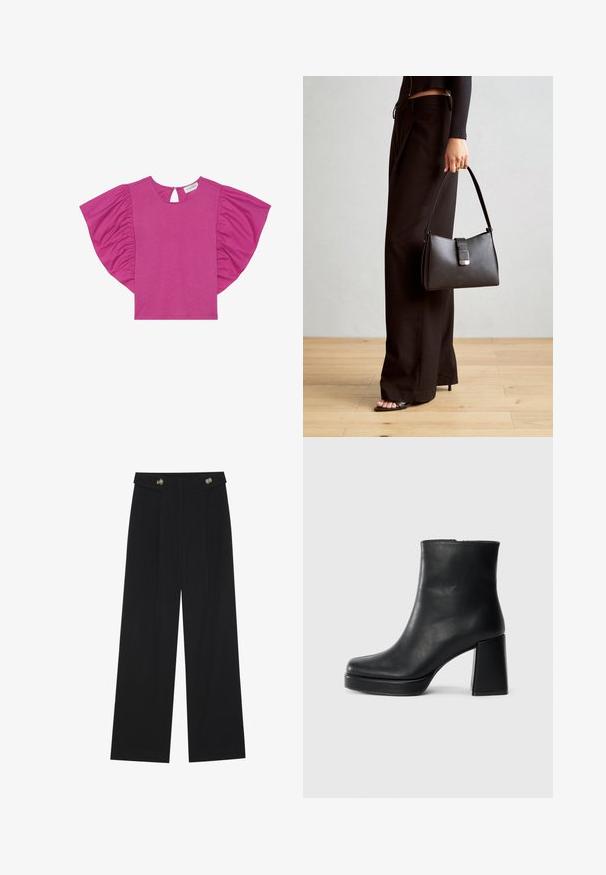 Fukszia felső rövid, fodros ujjakkal, kerek nyakkivágással és hátul kulcslyuknyílással. Puha, könnyű anyagból készült.; Fekete, bő szárú nadrág magas derékkal, gombos részletekkel a derékrészen és elülső pliszékkal.; Fekete bőr bokacsizma tömbsarkal és platform talppal, oldalról nézve, sima fehér háttéren.; Fekete kézi táska strukturált formával, sima textúrával és fémből készült záródással. Széles fekete nadrággal és nyitott orrú szandállal párosítva, fából készült padlón.