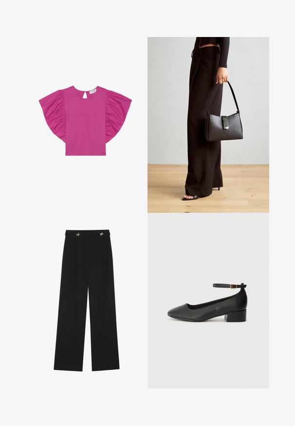 Fuksijas krāsas tops ar īsām, viļņotām piedurknēm, apaļu dekoltē un atklātu aizmuguri. Izgatavots no mīksta, viegla materiāla.; Melnas platās bikses ar augstu jostasvietu, pogu detaļām uz jostas un priekšējām krokām.; Melnas ādas sūkņi ar smailu purngalu un zemu bloku papēdi. Iezīmēts ar potītes siksniņu ar zelta krāsas sprādzi. Gluda tekstūra.; Melnā somiņa ar strukturētu formu, gludu tekstūru un metālu sprādzi. Saskaņota ar platām melnām biksēm un sandālēm ar atvērtu purngalu uz koka grīdas.