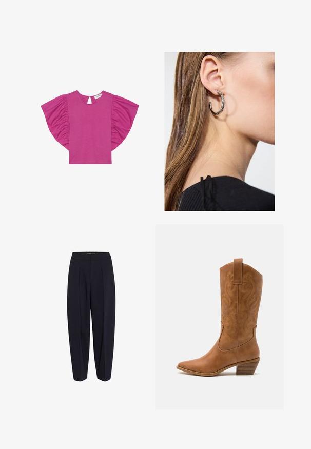Fuchsia topp med korta, volangärmar, rund halsringning och en nyckelhålsöppning baktill. Tillverkad av mjukt, lätt material.; Marinblå byxor med hög midja, med framfickor och avsmalnande ben. Tillverkade av ett slätt tyg utan synlig hårdvara eller mönster.; Bruna lädercowboystövlar med spetsig tå, broderade virvelmönster på skaftet och en staplad blockklack. Har en dragflik för enkel påtagning.; Silverörhänge med polerad yta, med små detaljer i guld och rund form, bärs på loben.