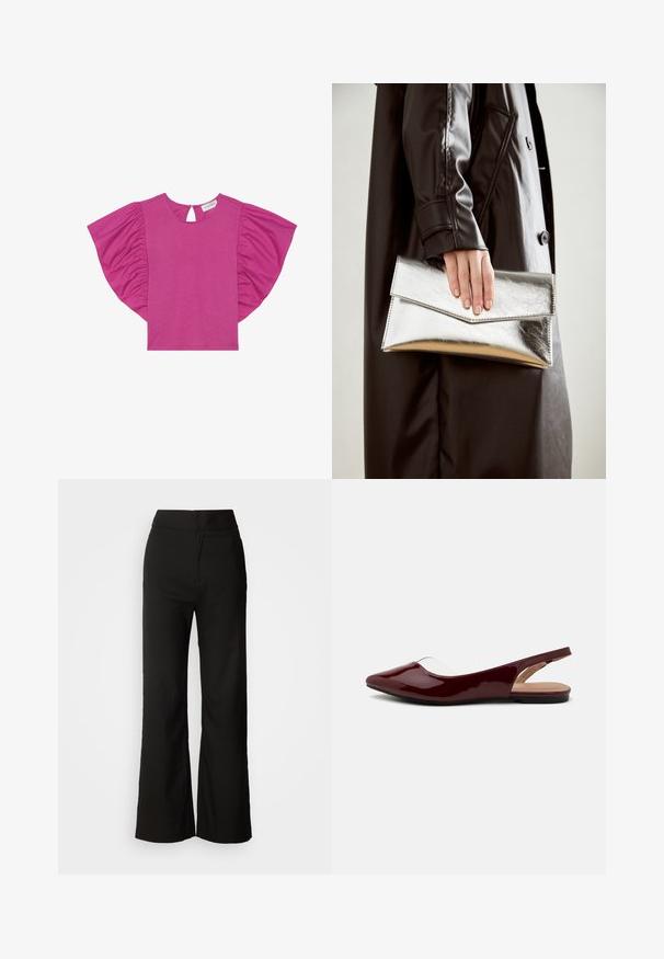 Fuchsia top featuring short, ruffled sleeves, a round neckline, and a back keyhole opening. Made from soft, lightweight material.; Black wide-leg trousers with a smooth texture, high waist, and a clean design. No visible pockets or embellishments.; Burgundy patent slingback flats with a pointed toe, transparent cutout, and a flat black sole. Smooth texture, minimalist design.; Silver metallic clutch with an angular envelope design, smooth texture, and contrasting interior color, held in a hand wearing a black coat.